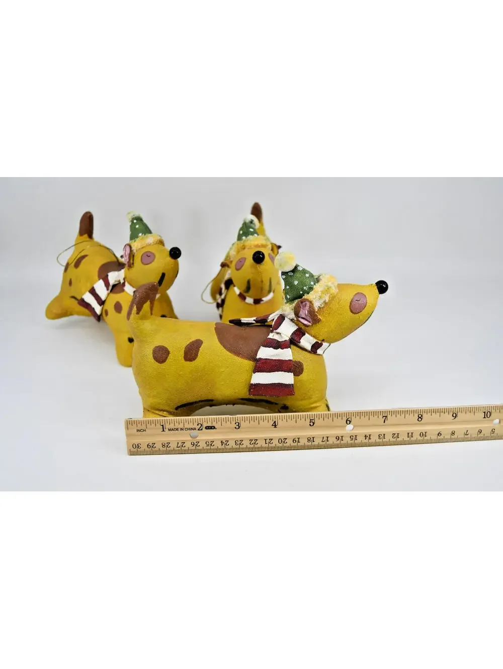 VTG Fabric Mache Christmas Ornament Spotted Dog Pup Scarf Hat Painted Hard Plush